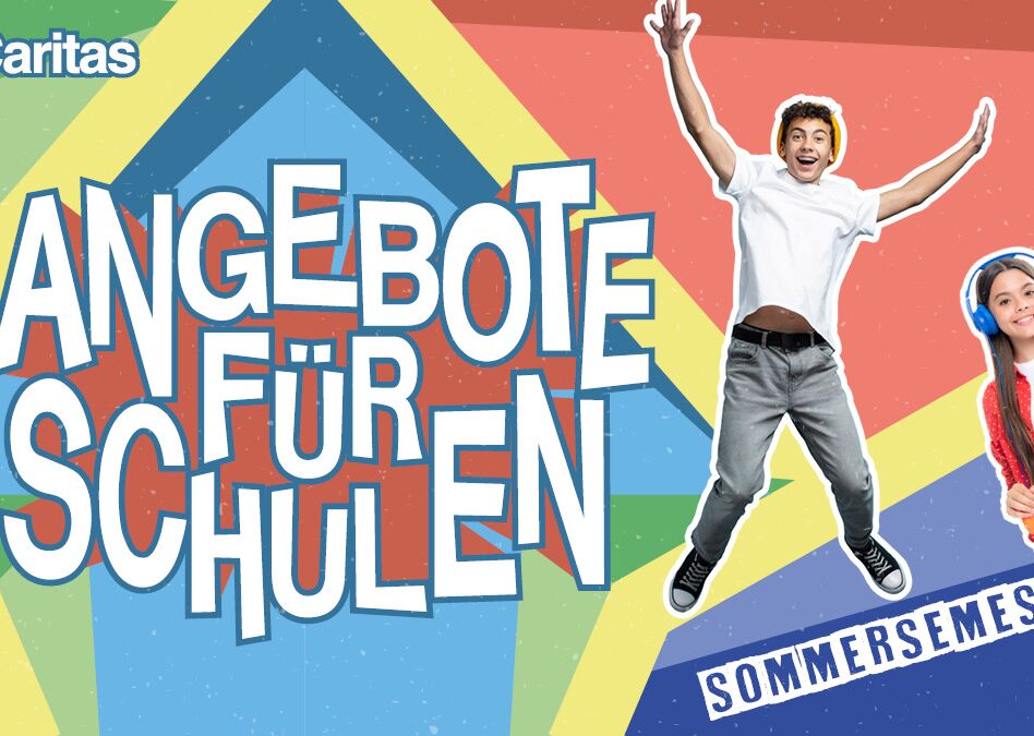 Bunte Gestaltung mit Schülern, die Freude und Kreativität zeigen, beworben von youngCaritas für das Sommersemester 2026.