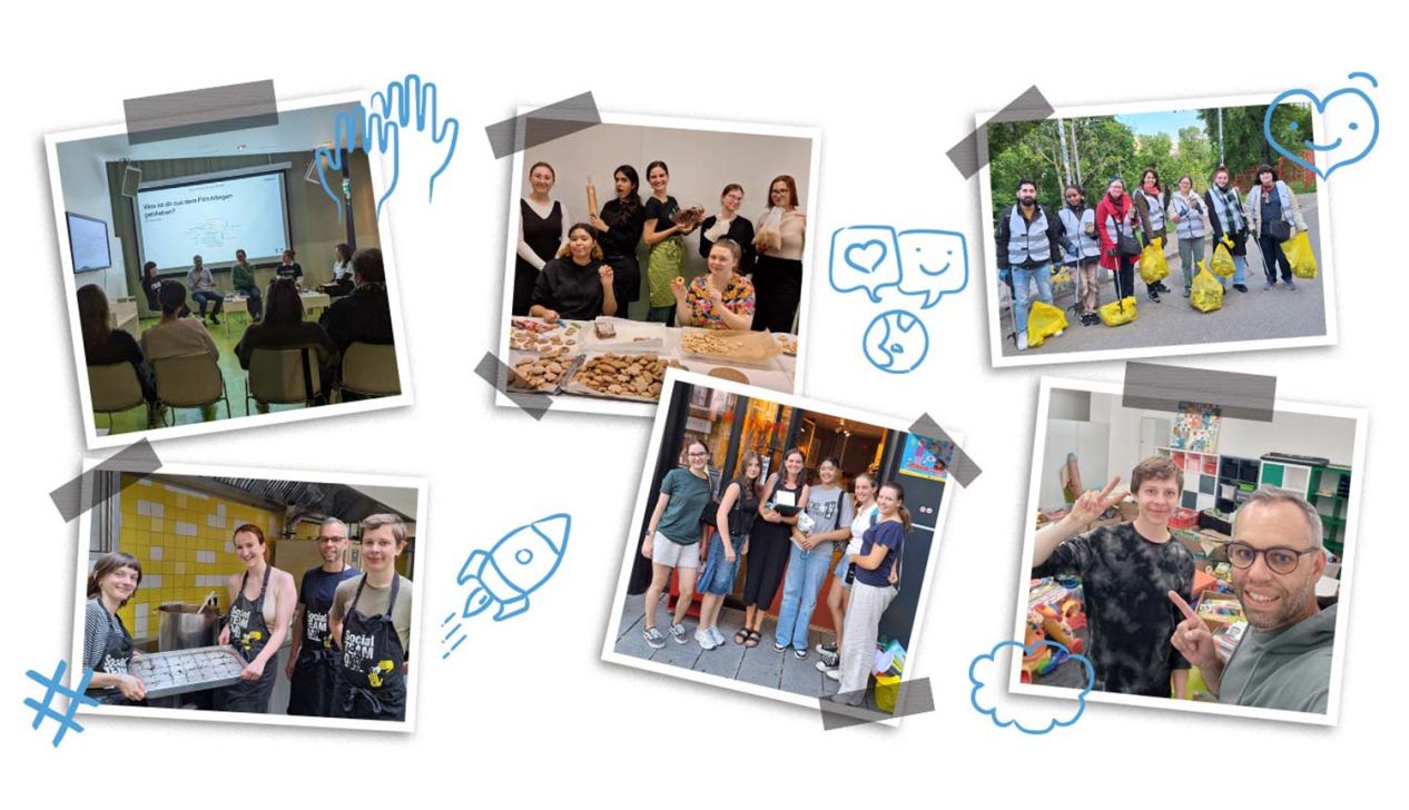 Eine Collage von Bildern, die Teamarbeit und soziales Engagement in verschiedenen Aktivitäten zeigt, von Workshops bis zu gemeinnützigen Aktionen.