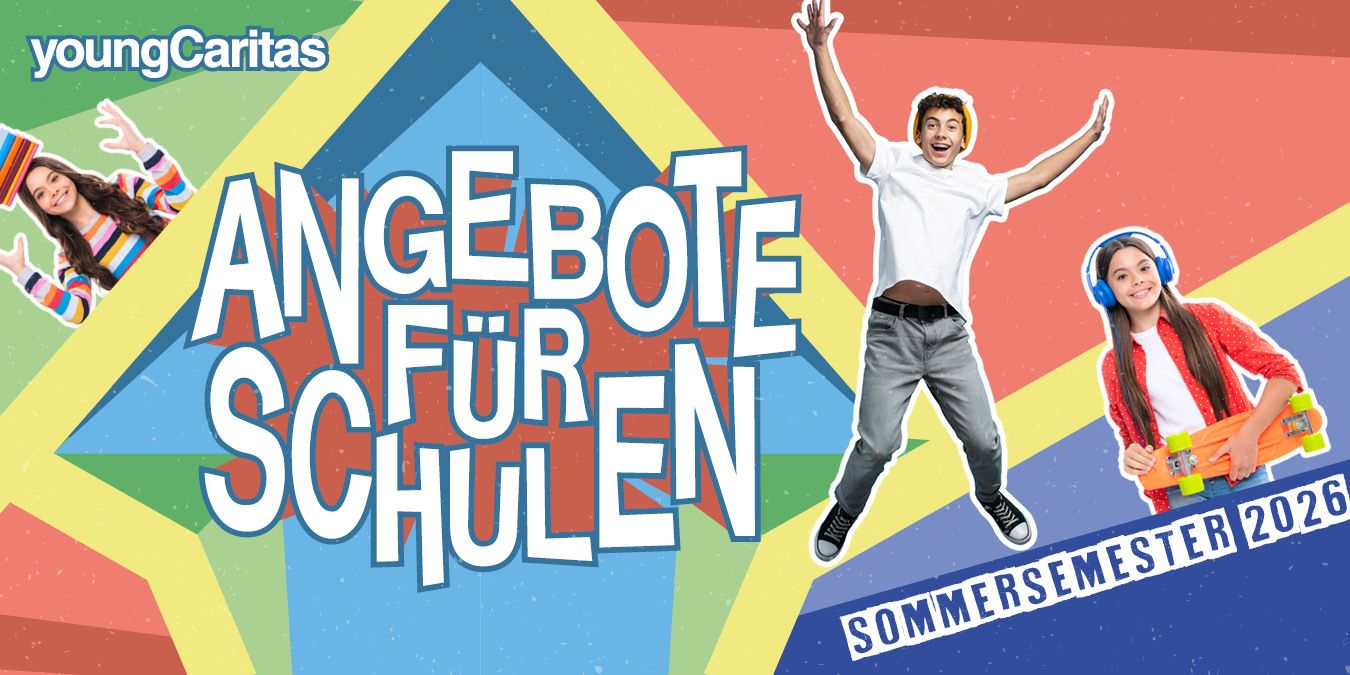 Bunte Gestaltung mit Schülern, die Freude und Kreativität zeigen, beworben von youngCaritas für das Sommersemester 2026.