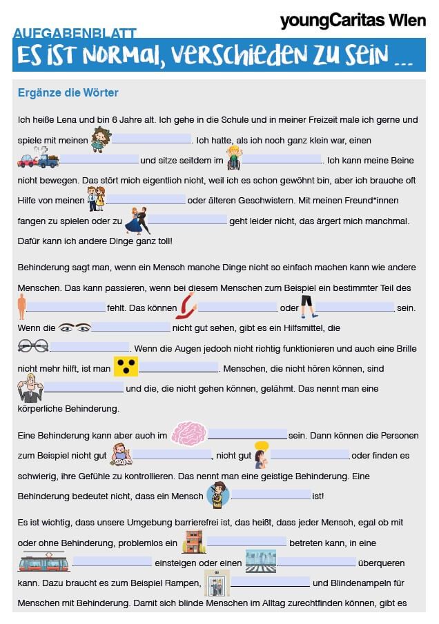 Ein Arbeitsblatt, das Kinder dazu ermutigt, über Behinderungen und die Normalität von Unterschieden nachzudenken.