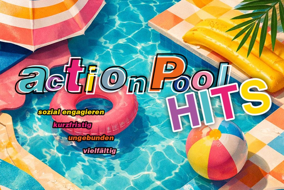 Buntes Pool-Setting mit Schwimmreifen, Sonnenliege und Ball. Aktionen für soziale Engagement fördern Vielfalt und Kurzfristigkeit.