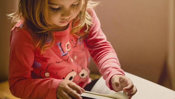 Ein kleines Mädchen in einem rosa Shirt blättert in einem Buch und zeigt Konzentration beim Lesen.